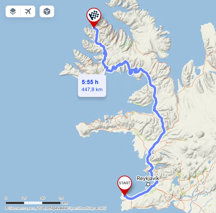 Mapa trasy z Keflavík do Flateyri