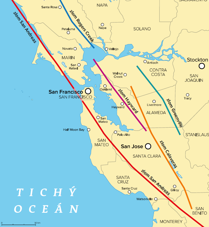 Tektonický zlom San Andreas tvoří rozhraní dvou litosférických desek – pacifické a severoamerické. 2026 02 24 mapa velka