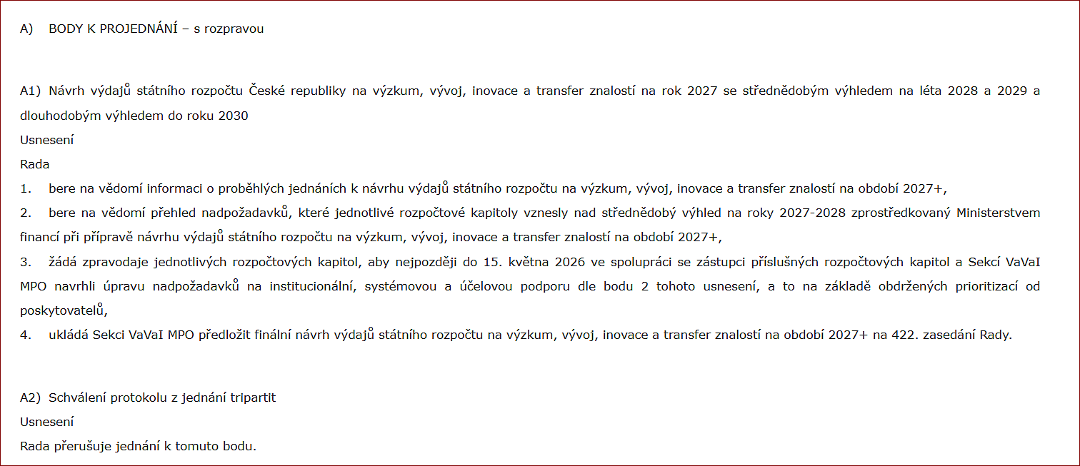 Náhled webu Rady vlády pro VVI s programem jednání (v tomto případě jde o jednání o přípravě státního rozpočtu dne 24. dubna 2026) Munich rozpocet2