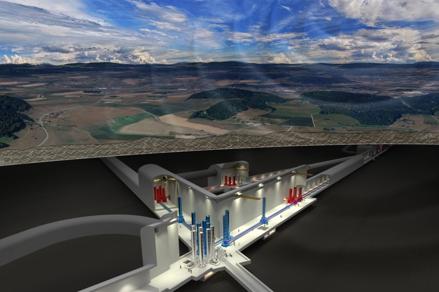 Vykreslení možné konfigurace experimentu Einsteinova teleskopu na Sardinii | Grafika:  INFN/Laboratori Nazionali del Sud