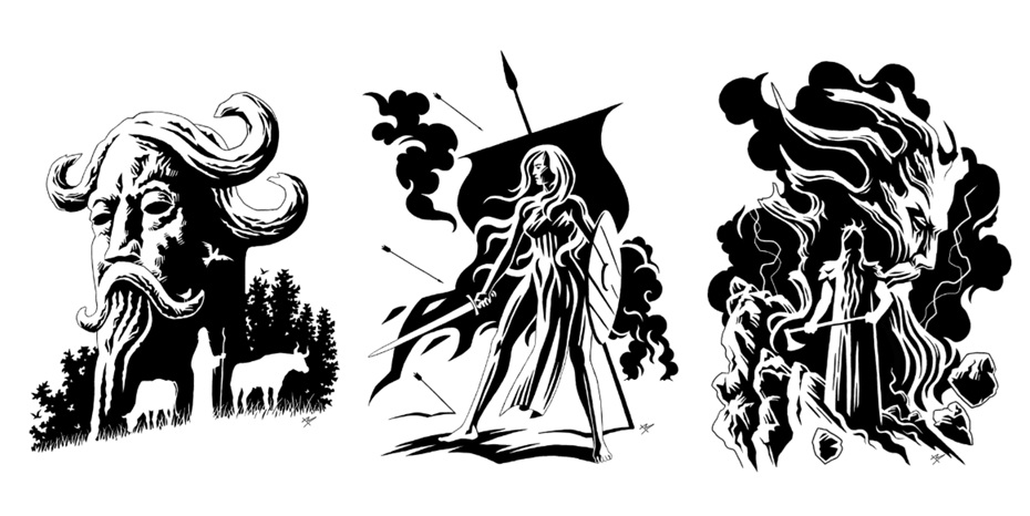 Tři ilustrace slovanských božstev (Veles jako pastýř, Siva jako bohyně praporů a Perun coby dub), jak je pro Dyndovu knihu nakreslil Marek Berger. bozstva